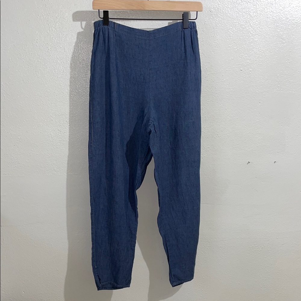 FLAX Linen Pants Navy Pull On Elastic Waist Lagenlook Small Crop Classic Coastal